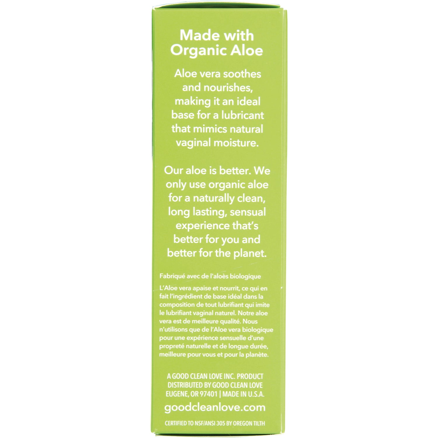 GCL005 | back of green box reading Made with Organic Aloe and description of organic aloe ingredients
