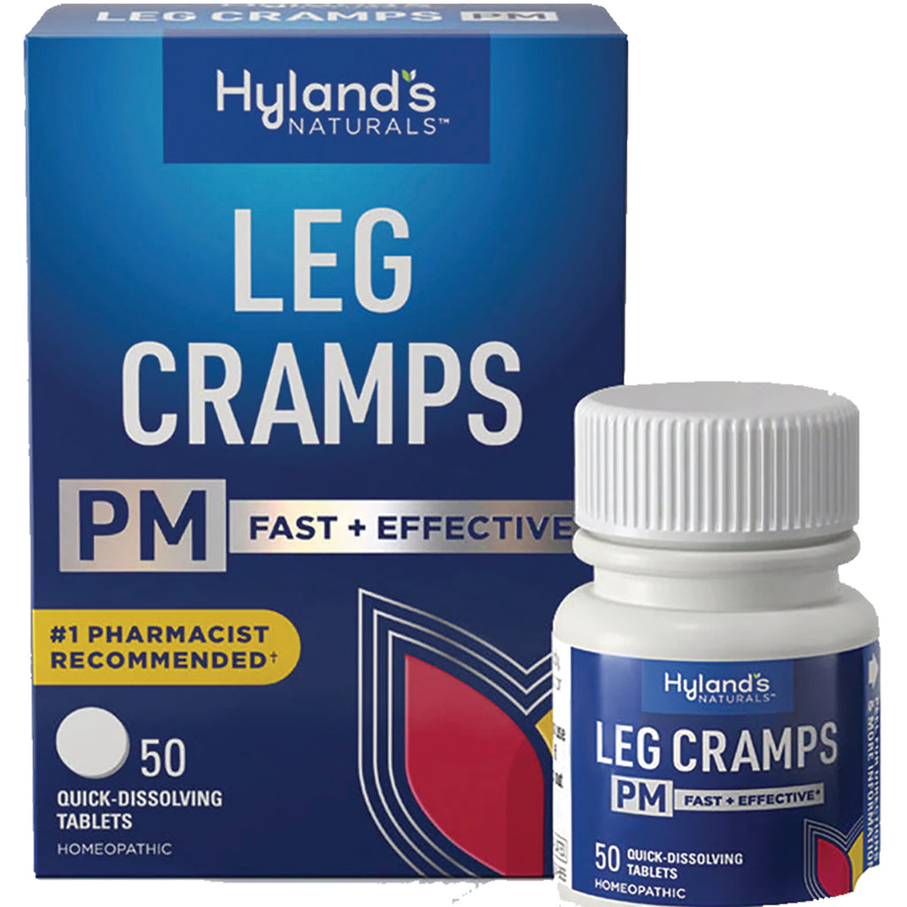 HY122 | Hyland's Naturals Leg Cramps PM box and bottle, 50 quick-dissolving tablets, fast + effective - Thumbnail