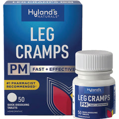 HY122 | Hyland's Naturals Leg Cramps PM box and bottle, 50 quick-dissolving tablets, fast + effective