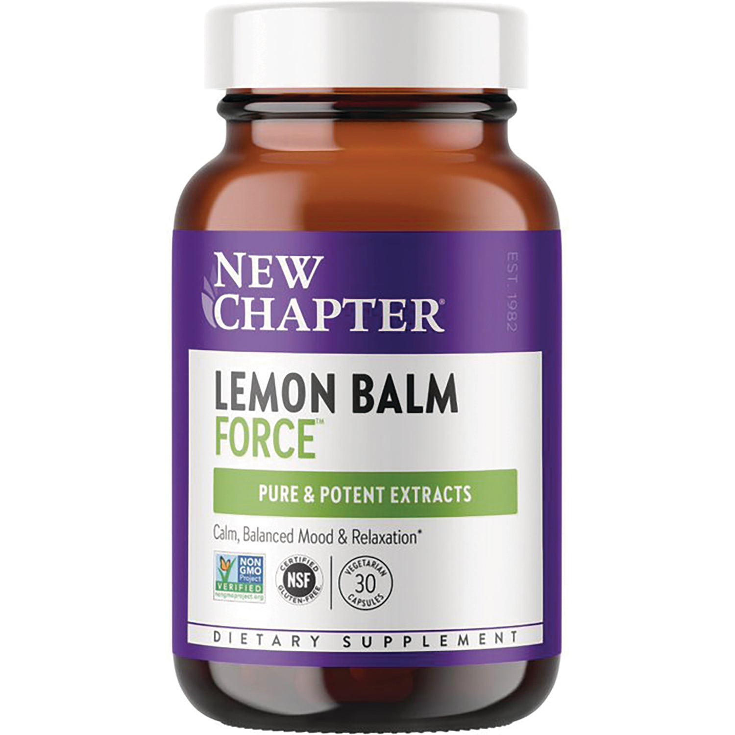 NWC288 | New Chapter Lemon Balm Force dietary supplement bottle, front label reading Pure & Potent Extracts, 30 capsules