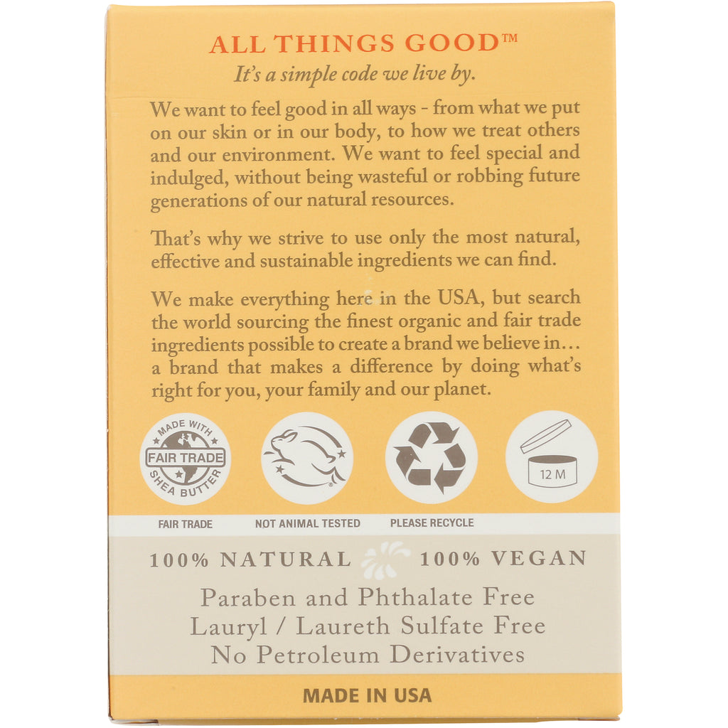 DRW017 | Back of yellow-orange product box with natural ingredients text, fair trade, not animal tested, recycle and 12M icons, 100% NATURAL 100% VEGAN MADE IN USA - Thumbnail