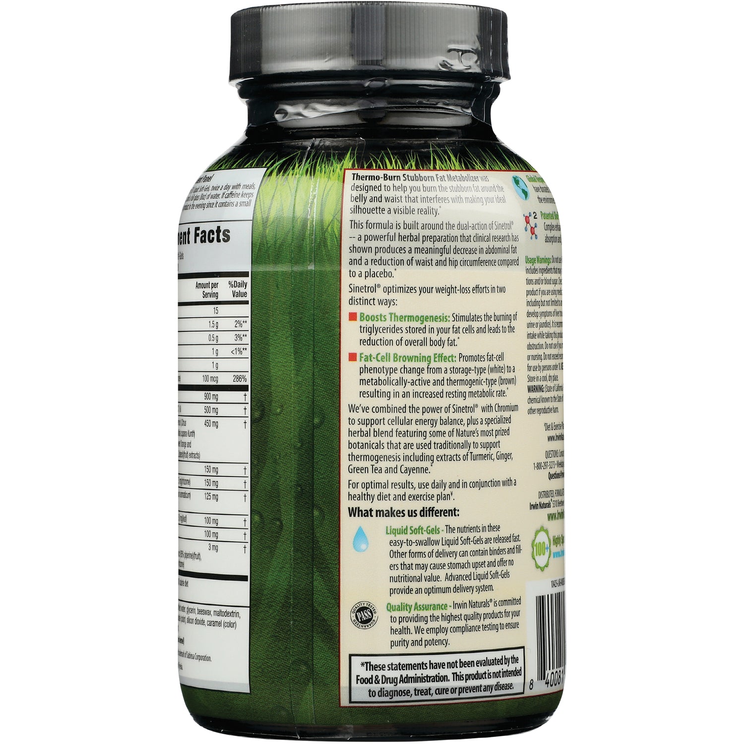 IR227 | Back of green supplement bottle showing Supplement Facts panel, ingredient and usage text