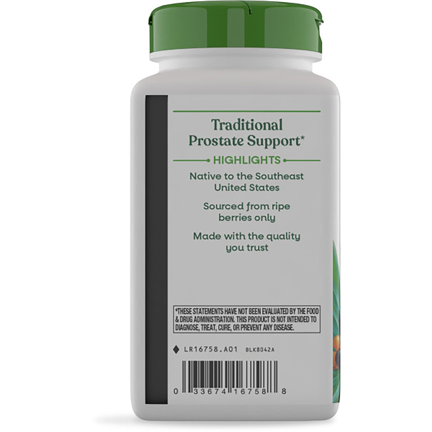 NW493 | bottle infographic panel reading Traditional Prostate Support and text about Saw Palmetto Berries; barcode visible