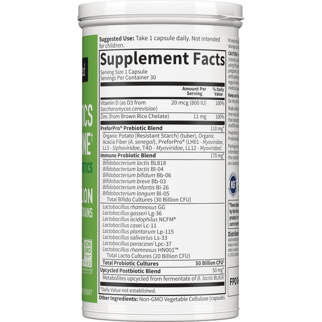 GLF370 | Supplement Facts panel on back of white supplement bottle listing serving size, probiotic blends, and other ingredients - Thumbnail