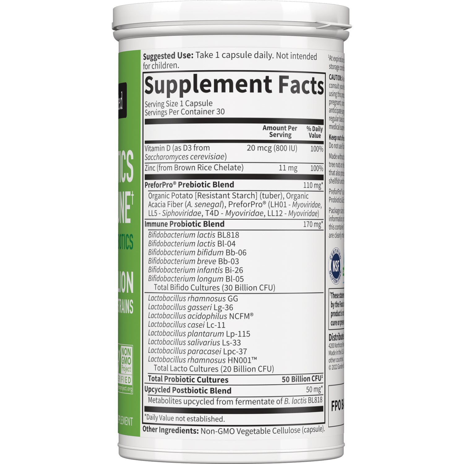 GLF370 | Supplement Facts panel on back of white supplement bottle listing serving size, probiotic blends, and other ingredients
