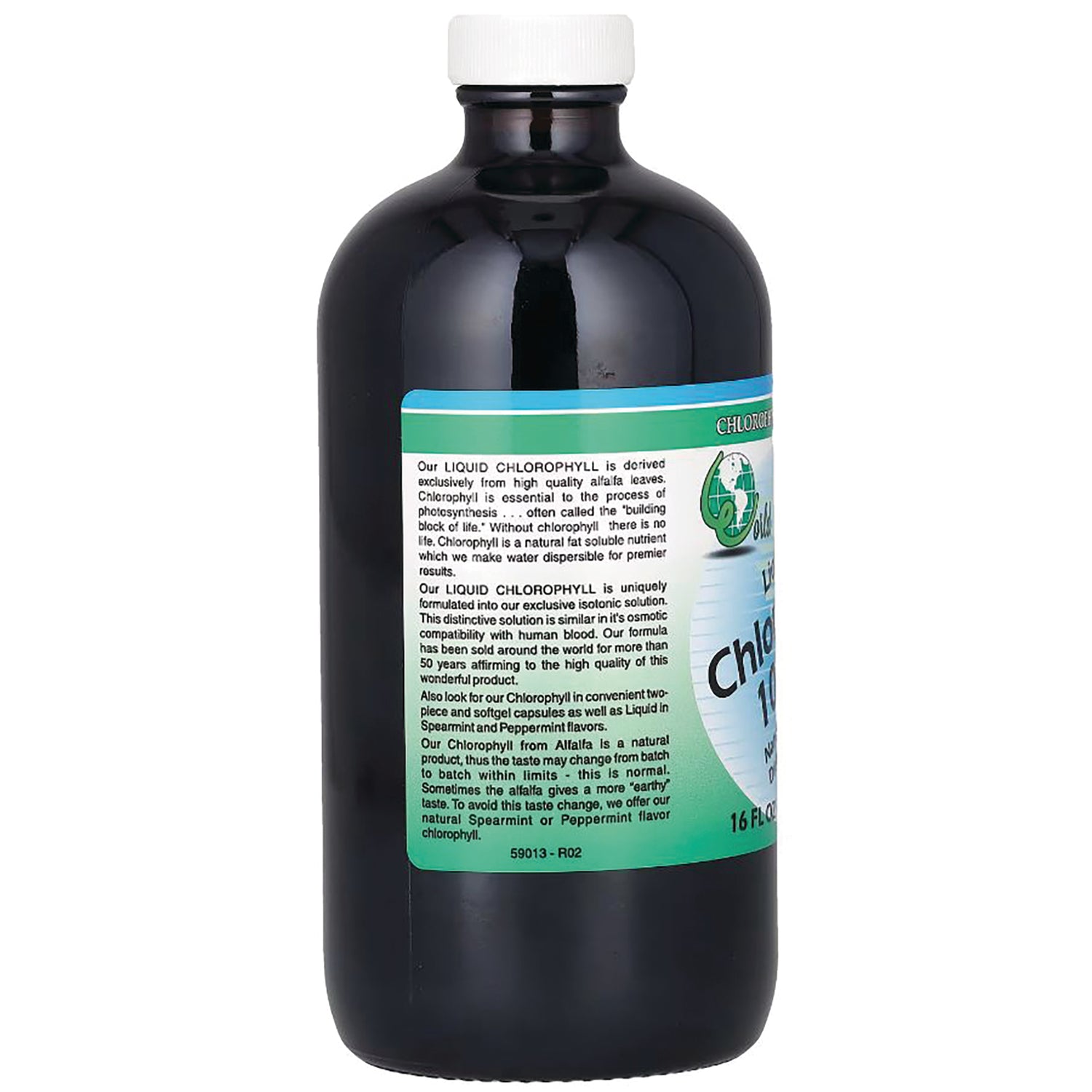 WOG007 | Back label of World Organic Liquid Chlorophyll, 16 fl oz bottle