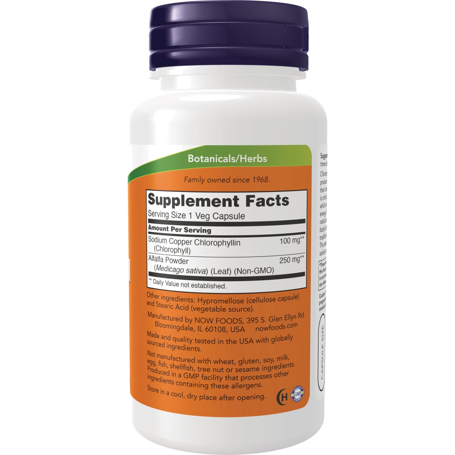NWF806 | Supplement Facts and ingredient panel on back of white supplement bottle with purple cap