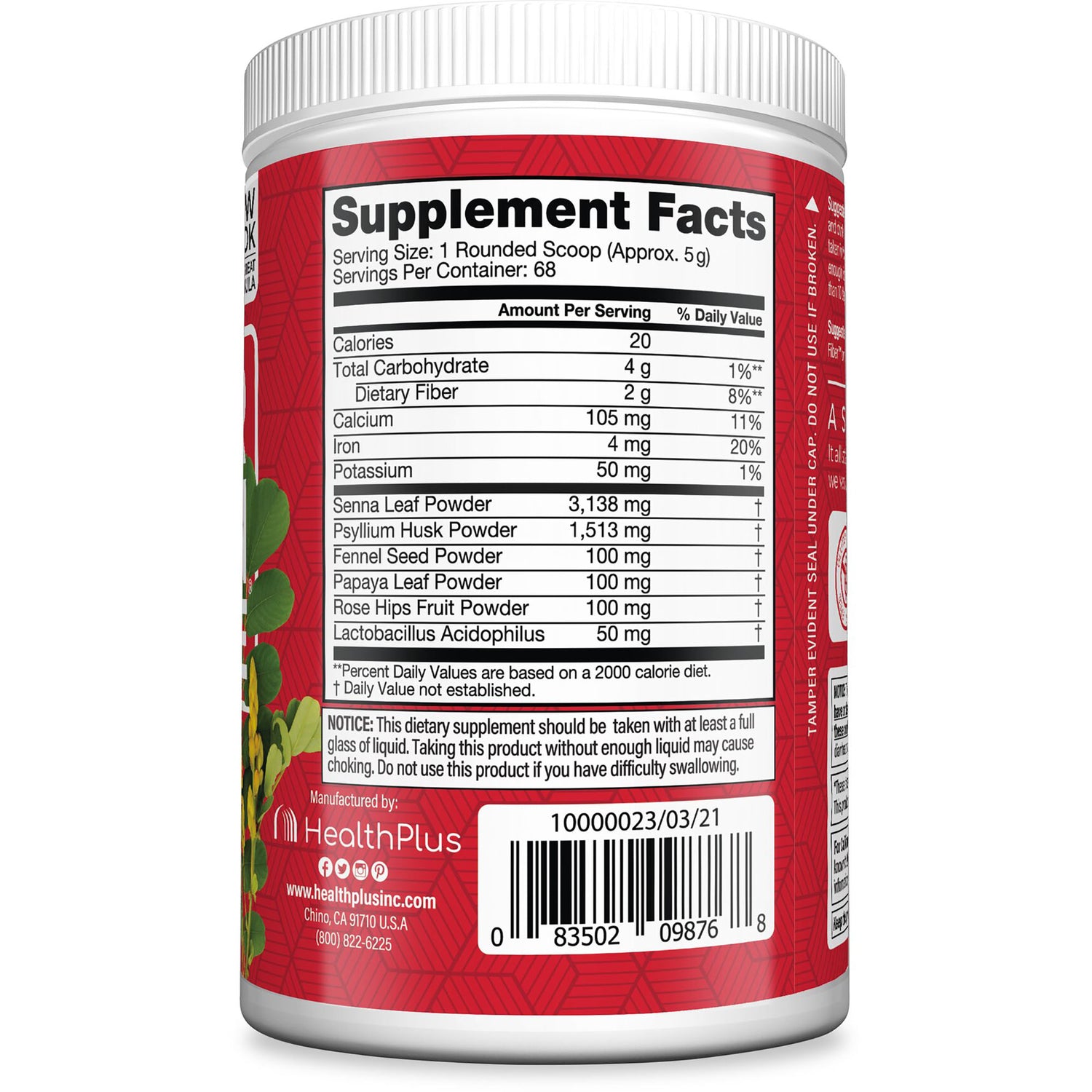 HP012 | back label showing Supplement Facts panel, ingredient amounts, and barcode on red HealthPlus container
