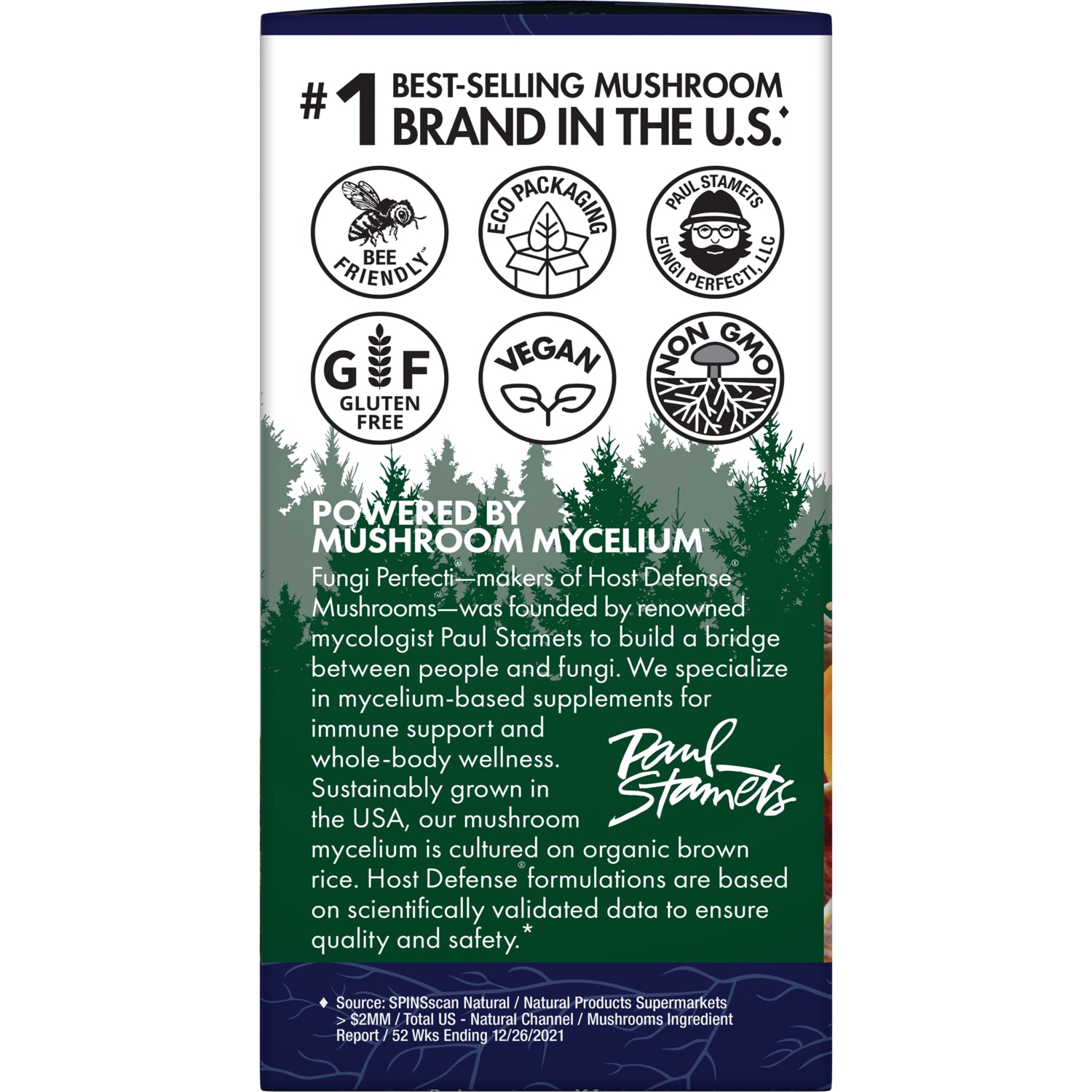 FUN026 | product infographic showing certification icons, Powered by Mushroom Mycelium headline and Paul Stamets signature