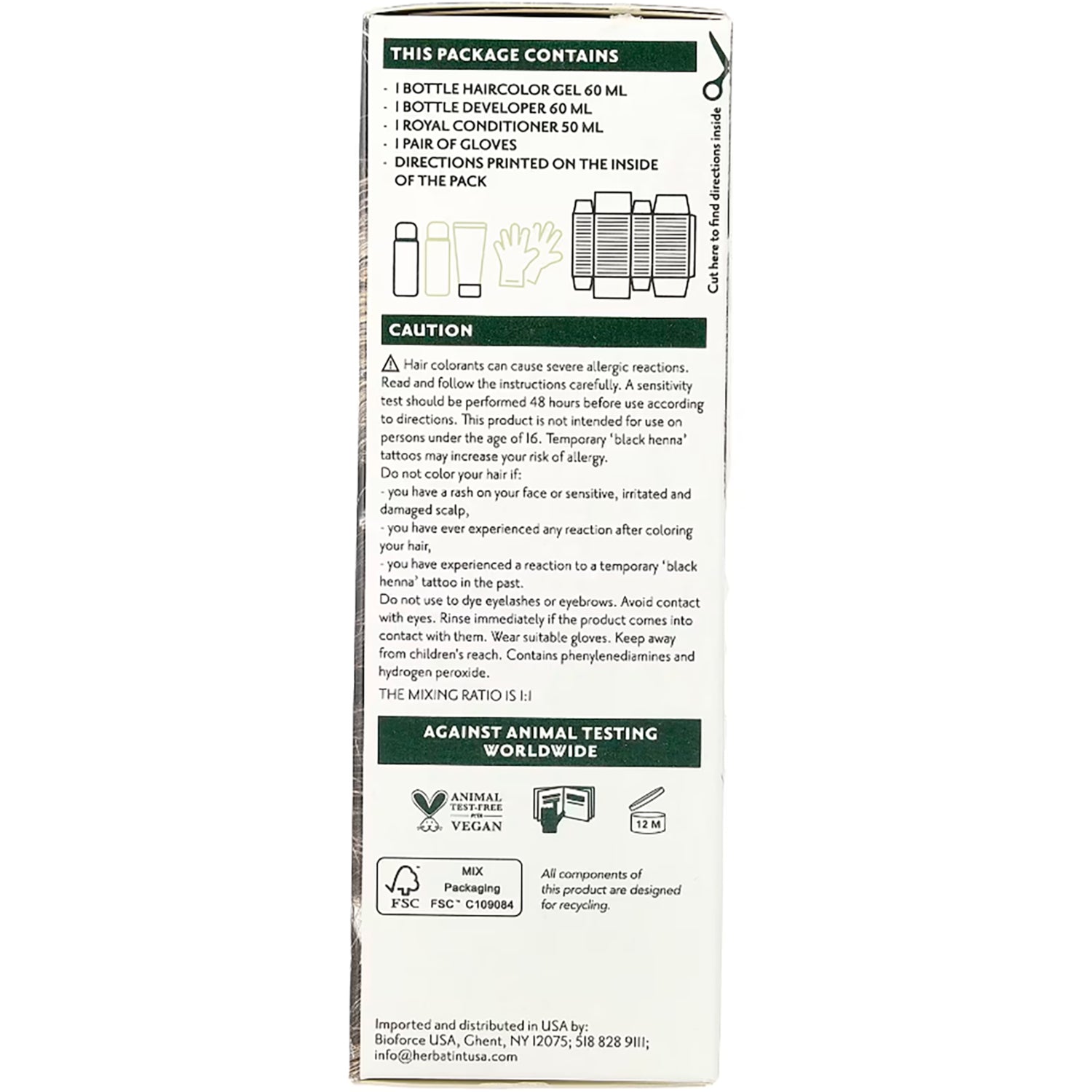 HBT006 | Back of hair color box showing package contents list, caution text, and vegan and recycling icons
