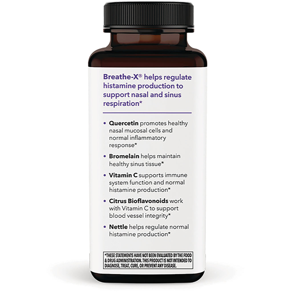 LSS001 | Back label of brown supplement bottle listing Breathe-X benefits and ingredients including Quercetin, Bromelain, Vitamin C, Citrus Bioflavonoids, Nettle - Thumbnail