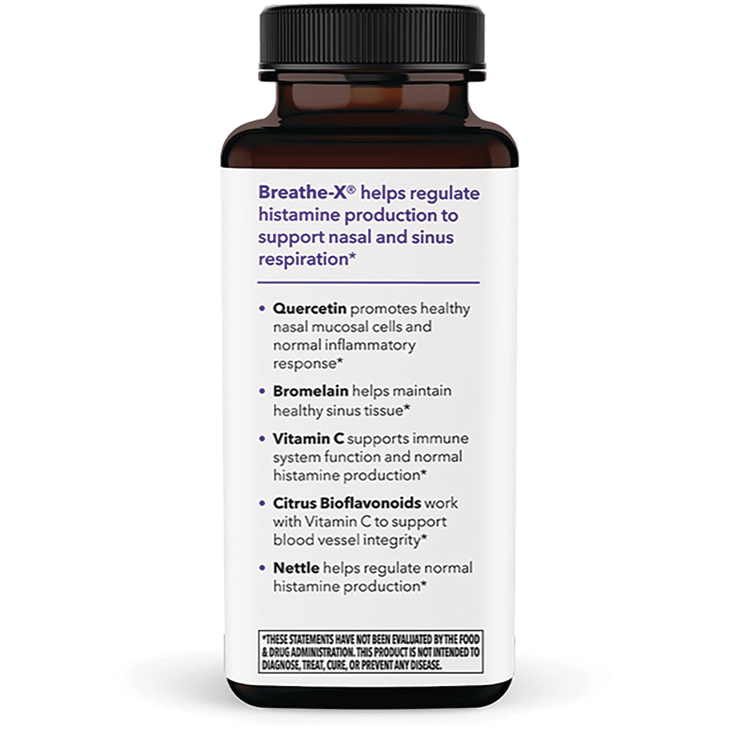 LSS001 | Back label of brown supplement bottle listing Breathe-X benefits and ingredients including Quercetin, Bromelain, Vitamin C, Citrus Bioflavonoids, Nettle