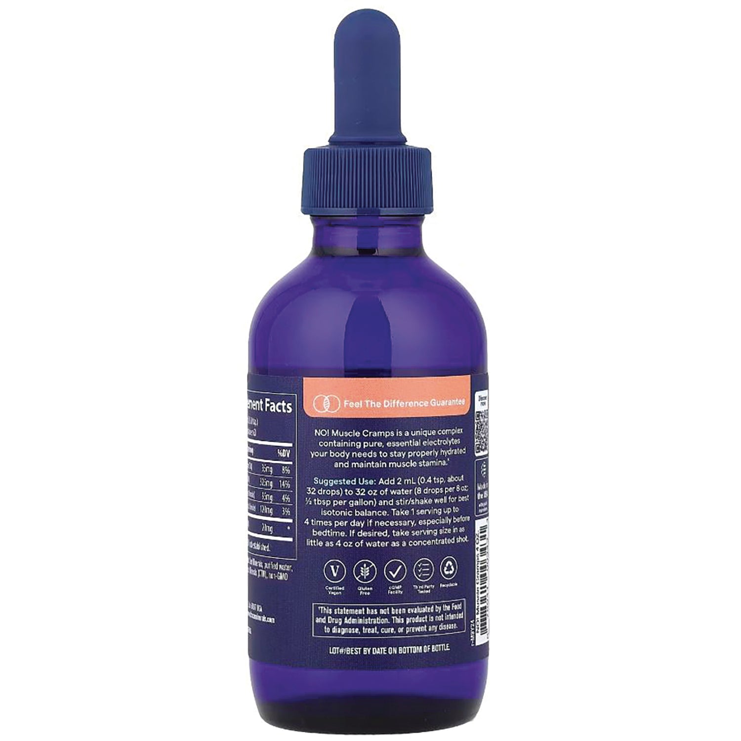 TM079 | Back of blue dropper bottle showing label with supplement facts, directions, and icons