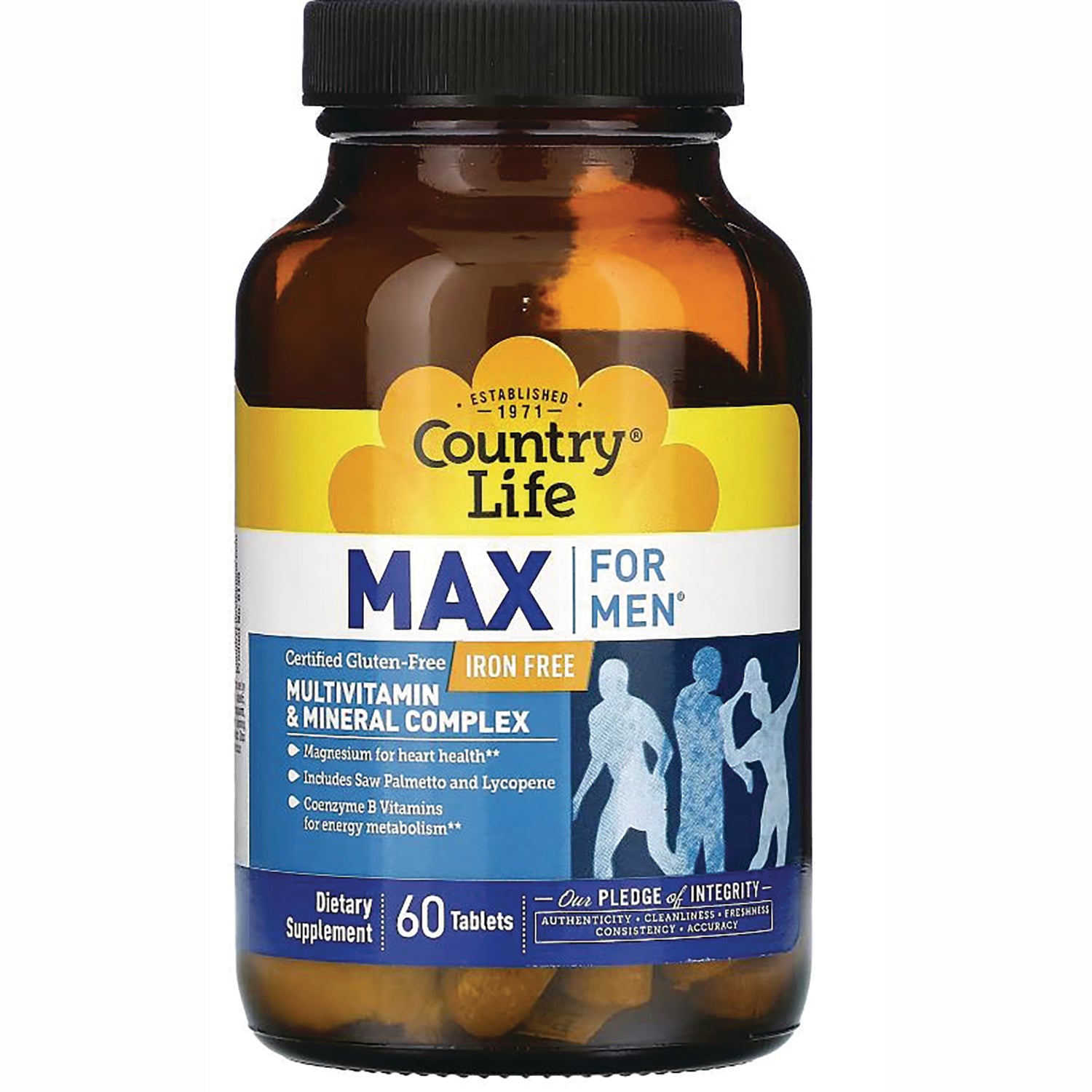 CRL489 | Amber bottle labeled Country Life MAX for Men iron free multivitamin & mineral complex, 60 tablets
