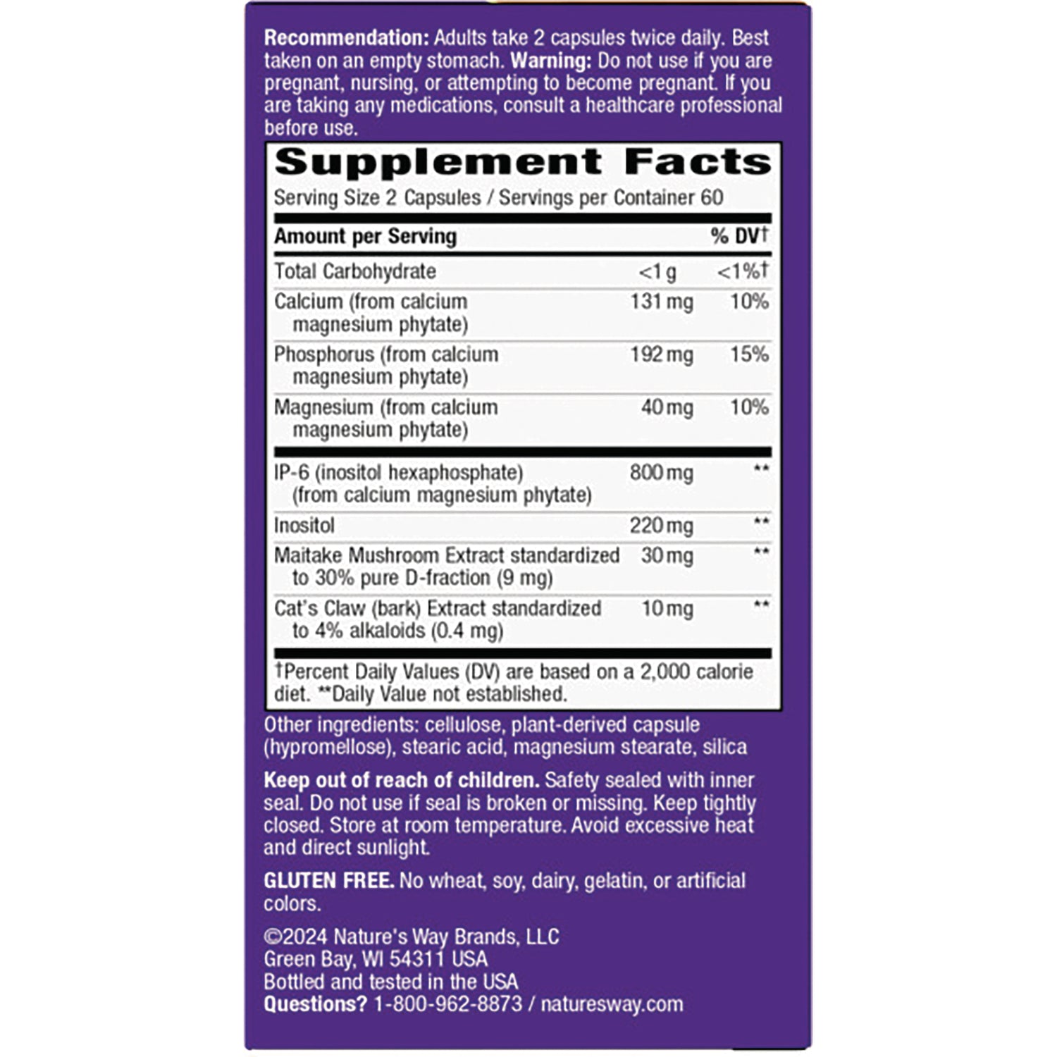 Supplement Facts panel showing serving size 2 capsules, ingredient amounts, warnings and storage instructions