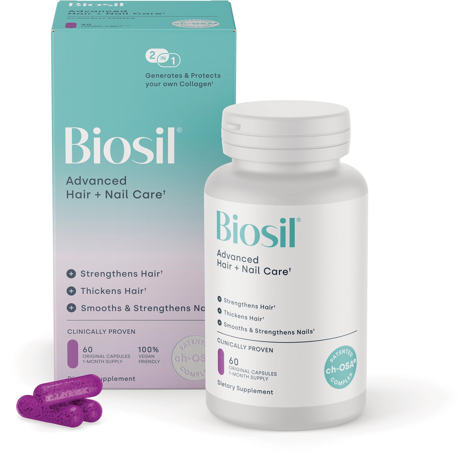 NFC208 | Biosil Advanced Hair + Nail Care bottle and box showing ch-OSA with Biotin, 60 capsules