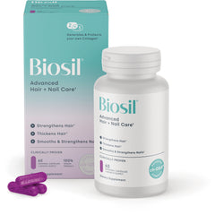 NFC208 | Biosil Advanced Hair + Nail Care bottle and box showing ch-OSA with Biotin, 60 capsules