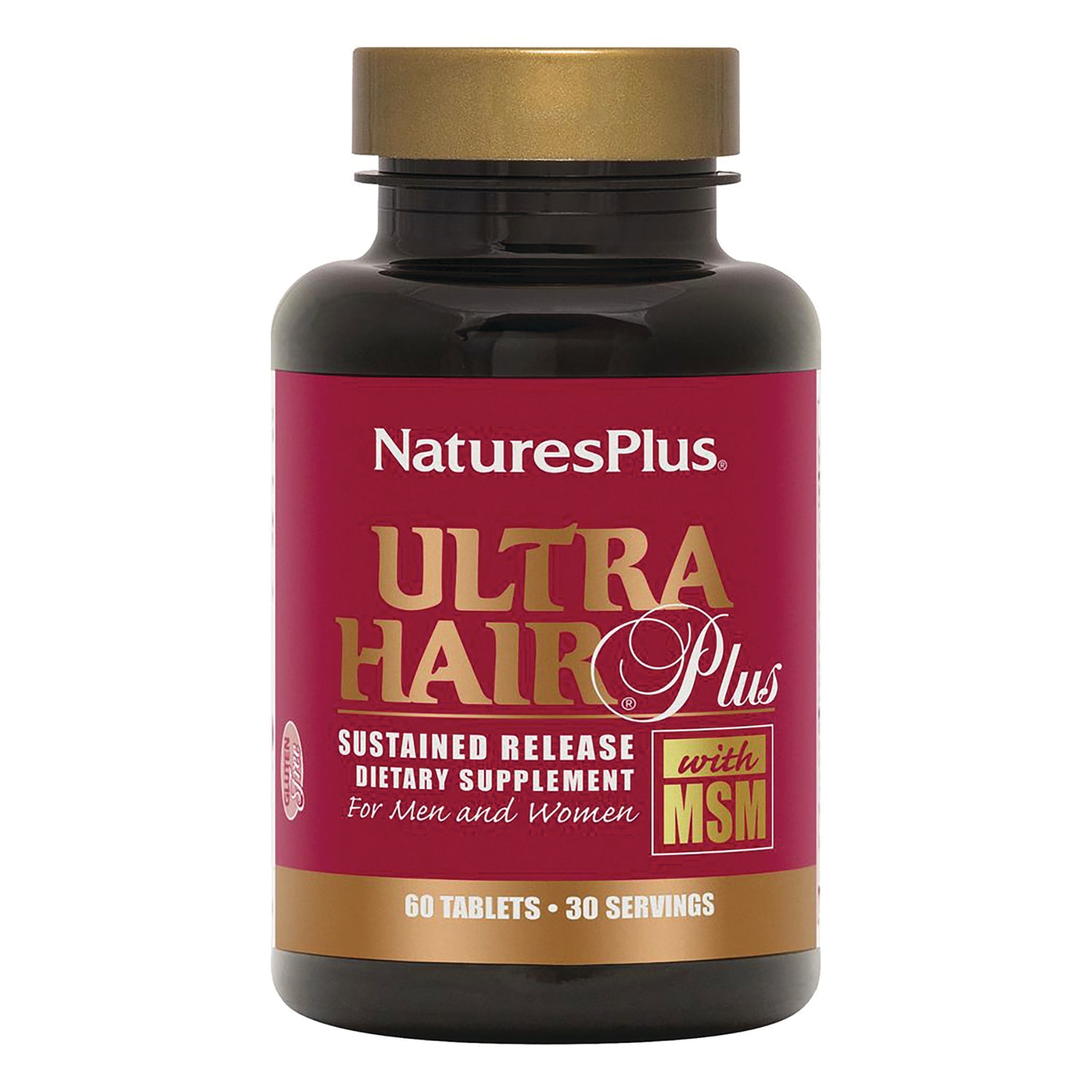 NTP102 | Natures Plus Ultra Hair Plus sustained release dietary supplement bottle with MSM, 60 tablets