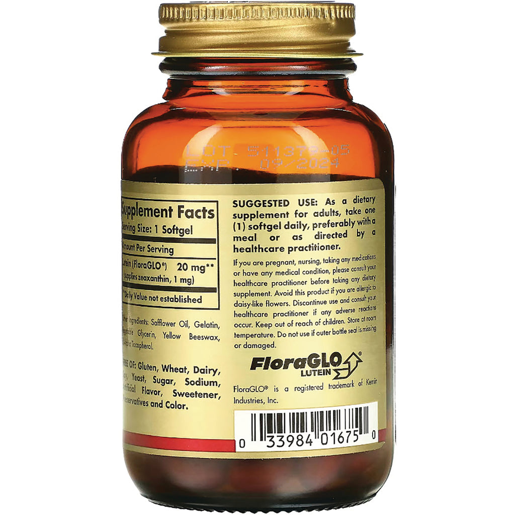 SLG291 | back of amber supplement bottle showing supplement facts, suggested use, FloraGLO LUTEIN logo and barcode - Thumbnail