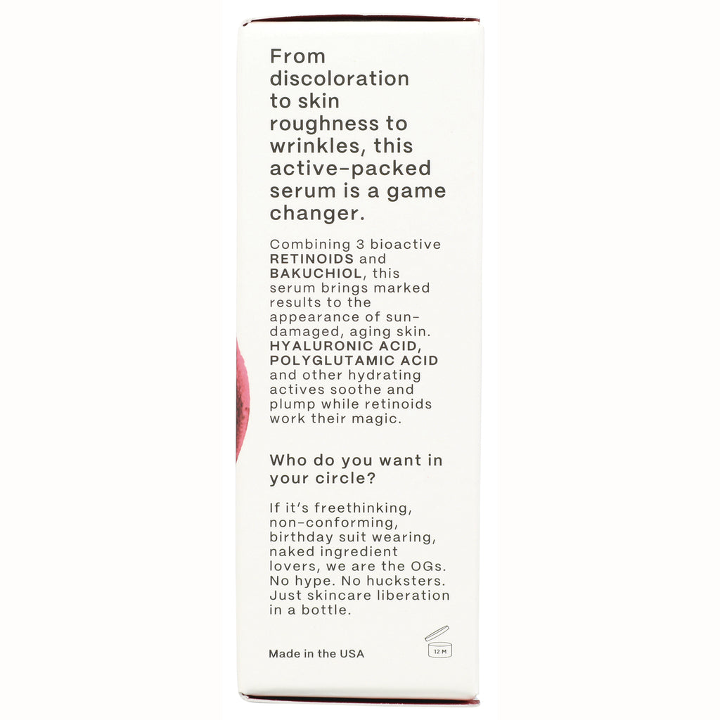 HIP007 | back of box with text describing serum ingredients retinoids, bakuchiol, hyaluronic acid and product claims - Thumbnail