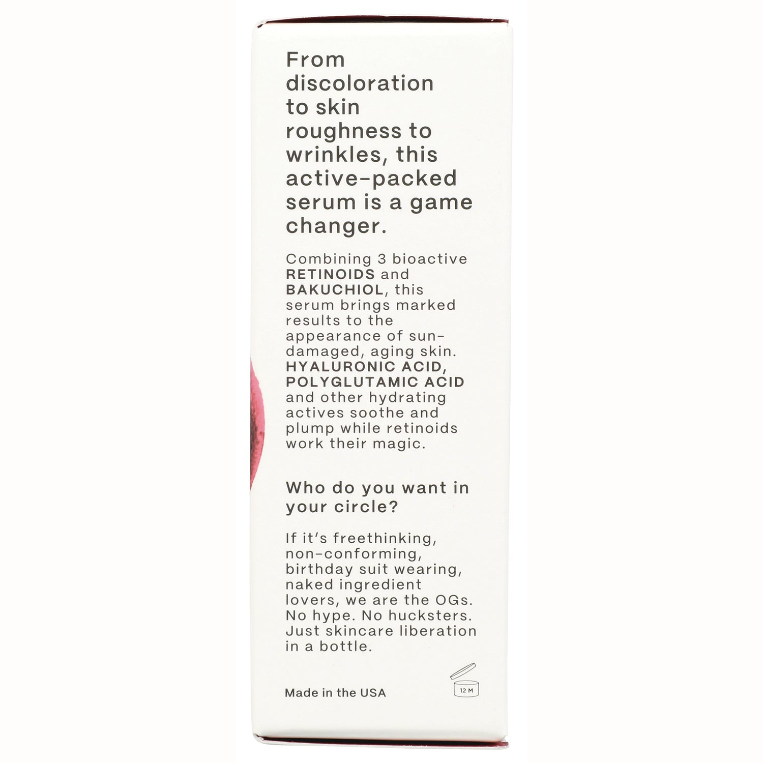 HIP007 | back of box with text describing serum ingredients retinoids, bakuchiol, hyaluronic acid and product claims