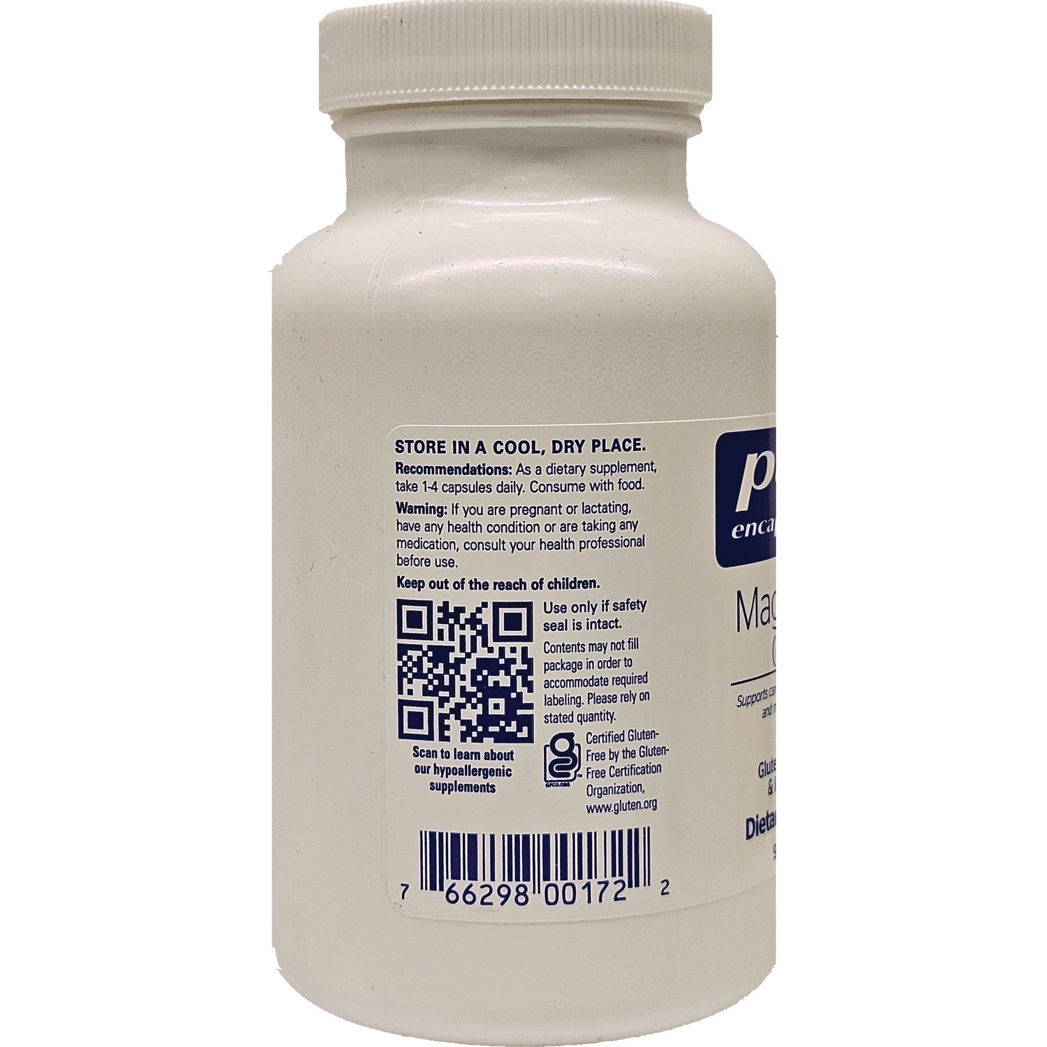 PRN040 | back label of white supplement bottle showing storage instructions, QR code, and barcode