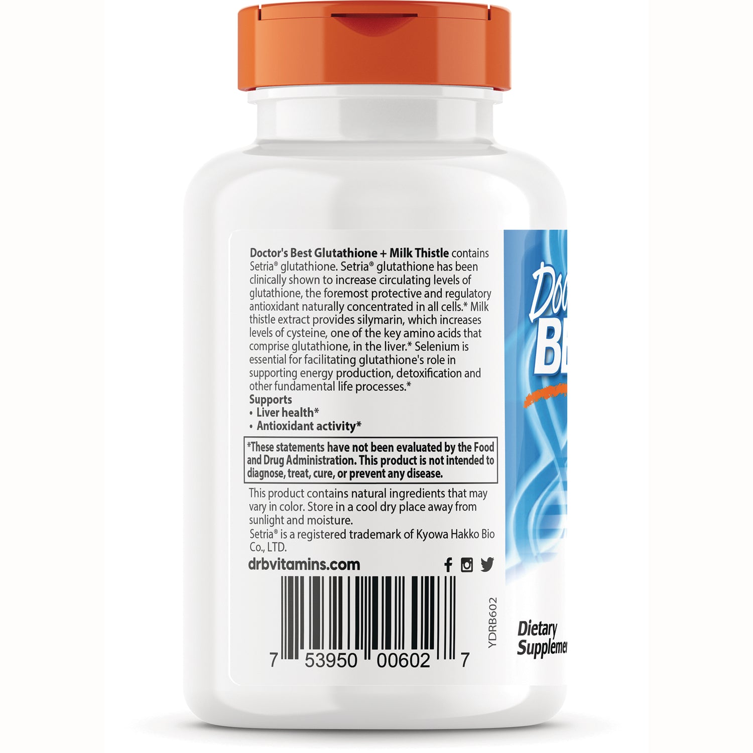 DB298 | back label of Doctor's Best Glutathione + Milk Thistle bottle showing product information, warnings and barcode