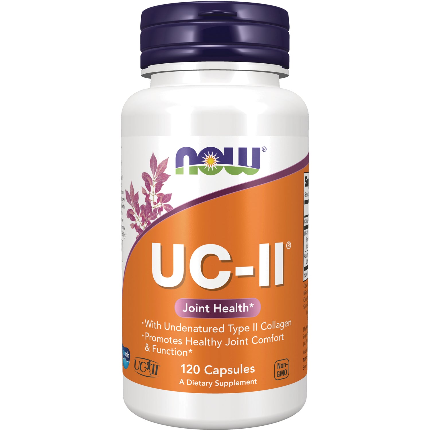 NWF1314 | NOW UC-II joint health supplement bottle, orange label, 120 capsules, white bottle with purple cap