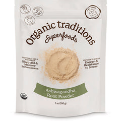 OTR067 | Organic Traditions Ashwagandha Root Powder pouch showing product name, beige powder and 7 oz (200 g)