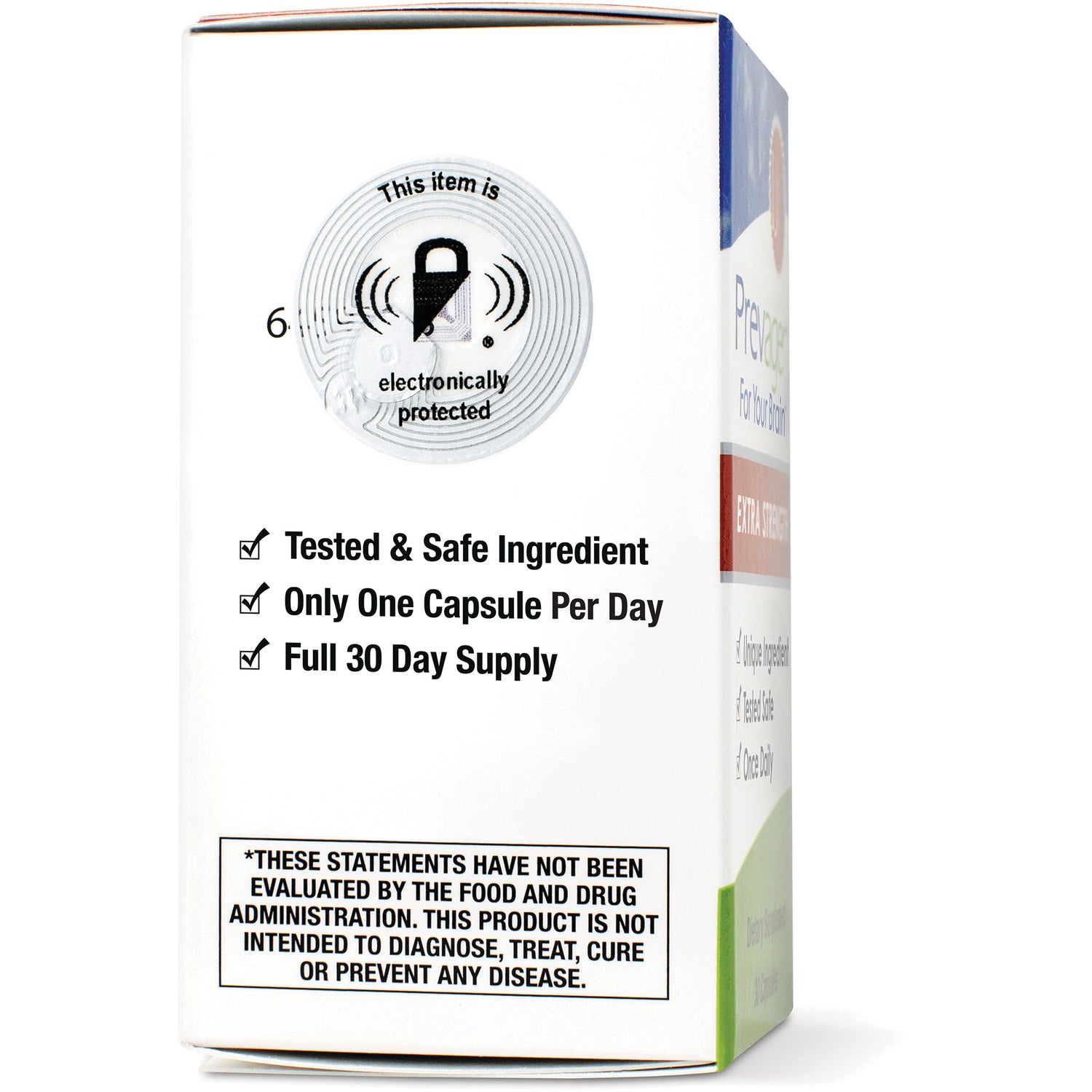 QB002 | side panel showing checklist: Tested & Safe Ingredient, Only One Capsule Per Day, Full 30 Day Supply and FDA disclaimer
