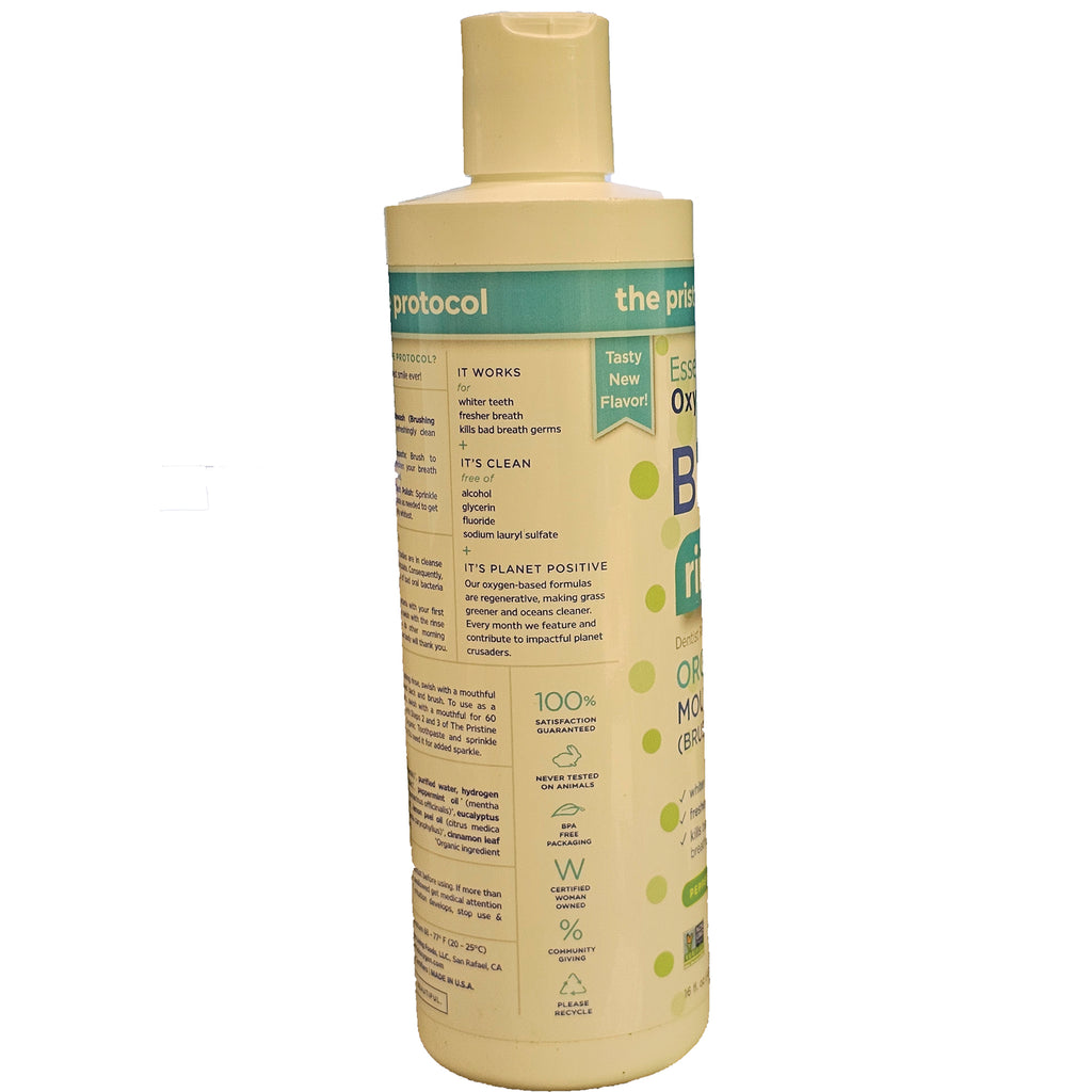 EOX006 | Back label of beige mouthwash bottle showing ingredients, usage directions, benefits, and certification icons - Thumbnail