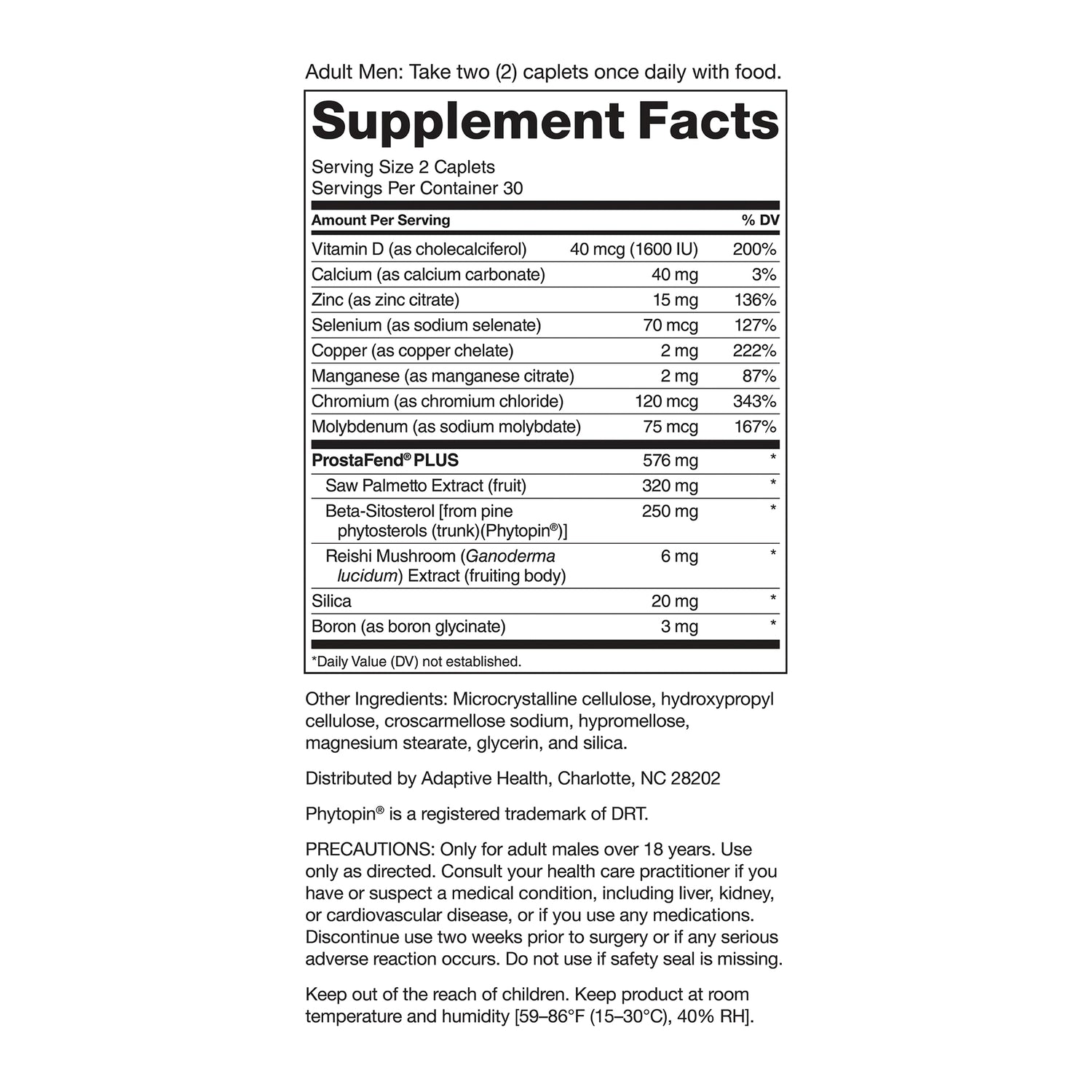NWV011 | supplement facts and ingredient panel listing serving size, vitamins, minerals, ProstaFend PLUS blend and precautions