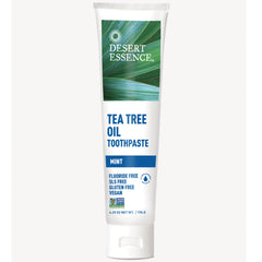 DST027 | Desert Essence Tea Tree Oil Toothpaste mint tube, front label showing fluoride free, SLS free, gluten free, vegan