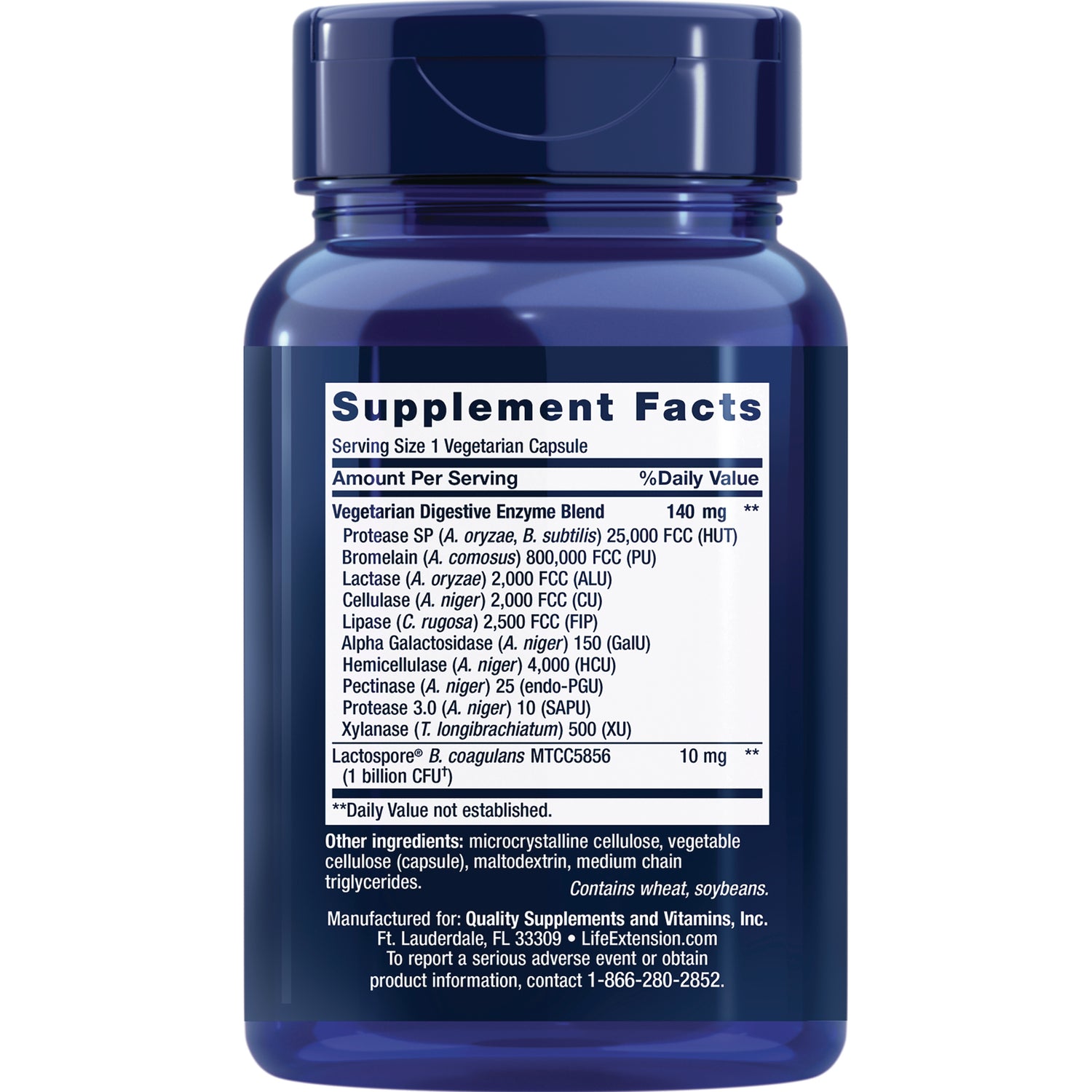 LE590 | Back of blue supplement bottle showing Supplement Facts label with ingredients and contact information