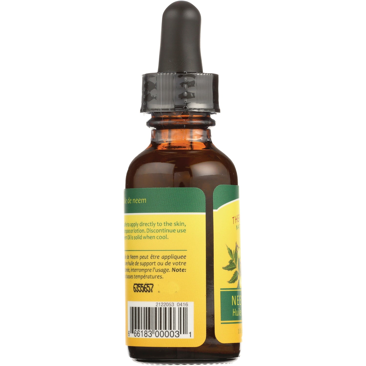 OGX010 | amber glass dropper bottle back label showing barcode and product information