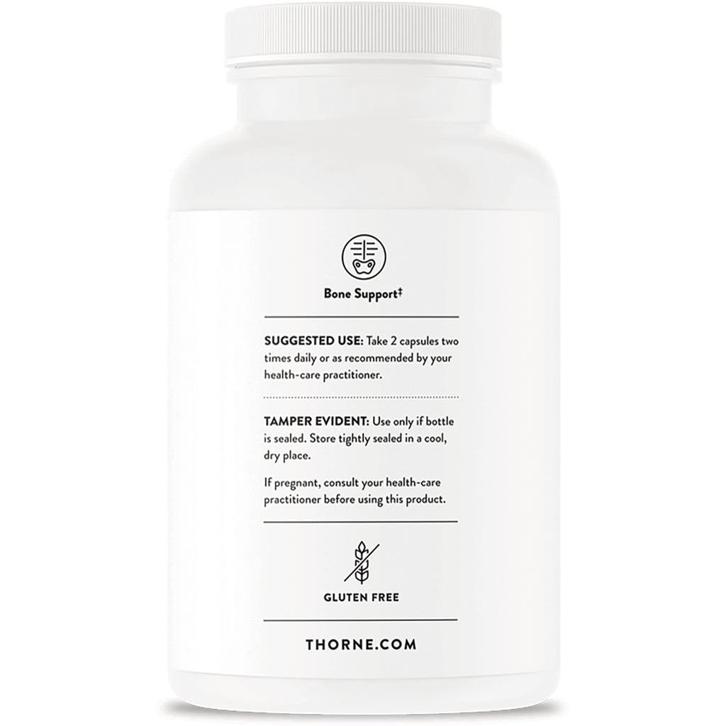 TRN003 | Back of Thorne bottle with Bone Support, Suggested Use, Tamper Evident, Gluten Free, and THORNE.COM - Thumbnail