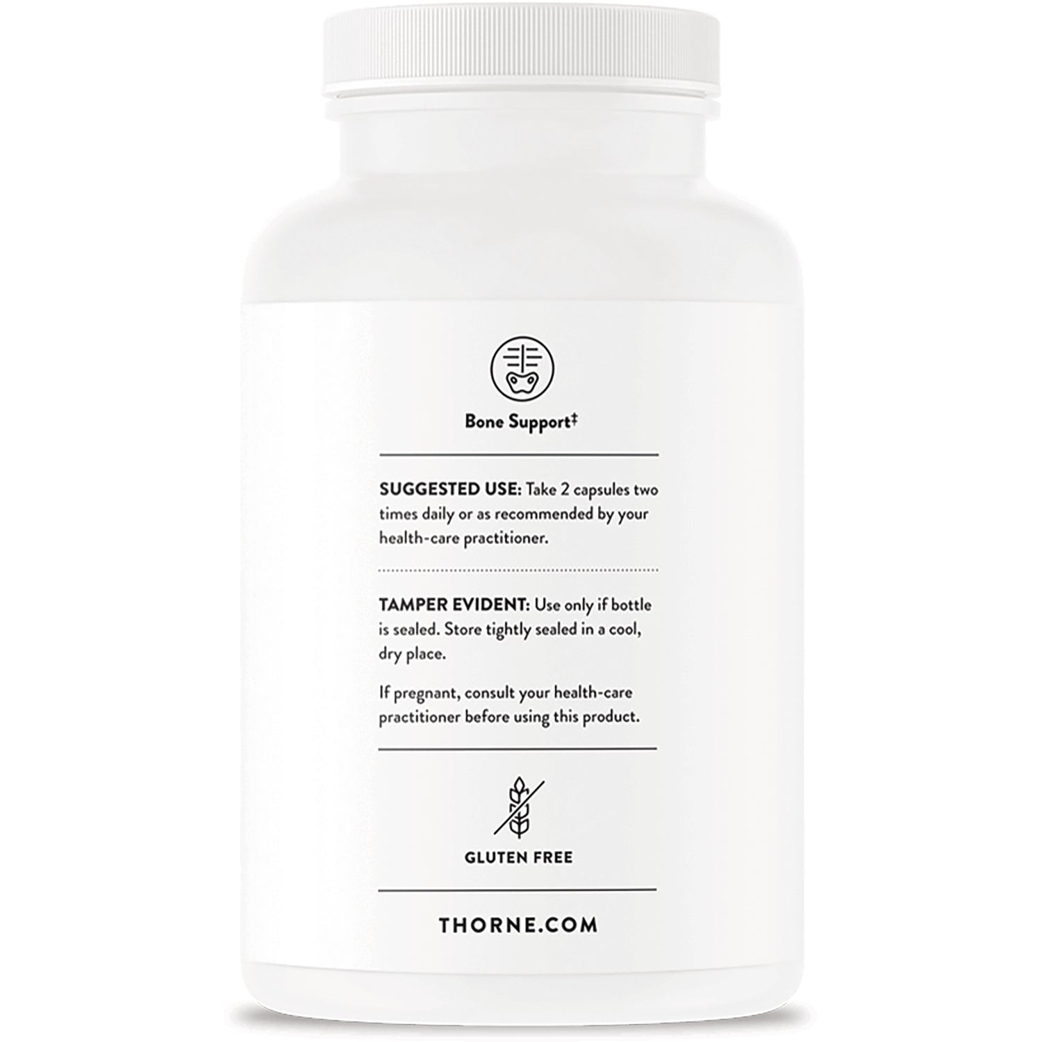 TRN003 | Back of Thorne bottle with Bone Support, Suggested Use, Tamper Evident, Gluten Free, and THORNE.COM