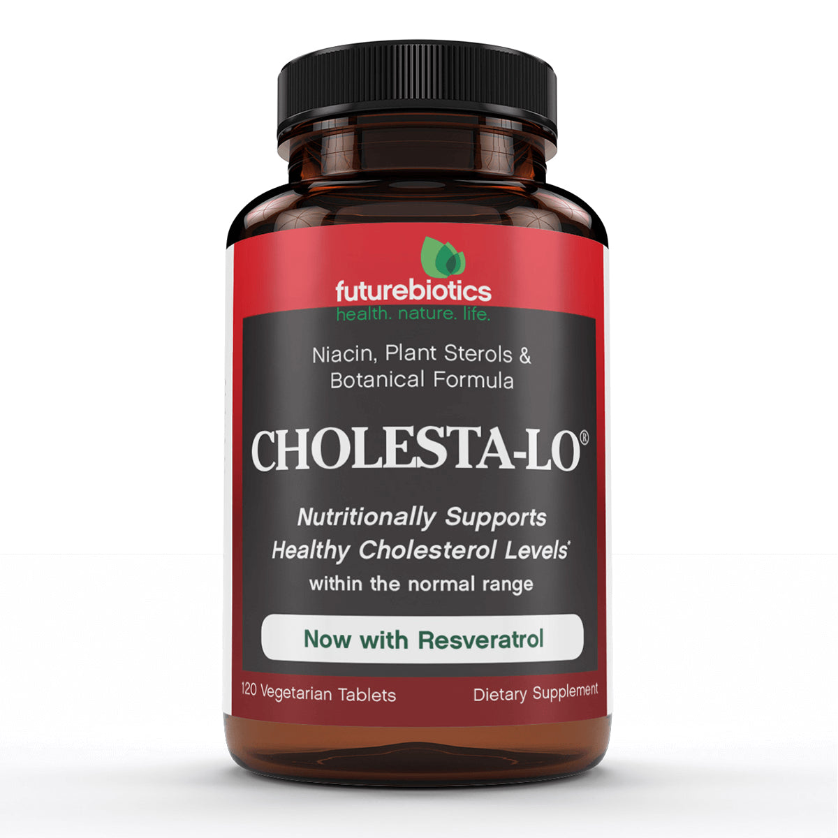 FB027 | bottle of Cholesta-Lo dietary supplement with Now with Resveratrol label, 120 vegetarian tablets