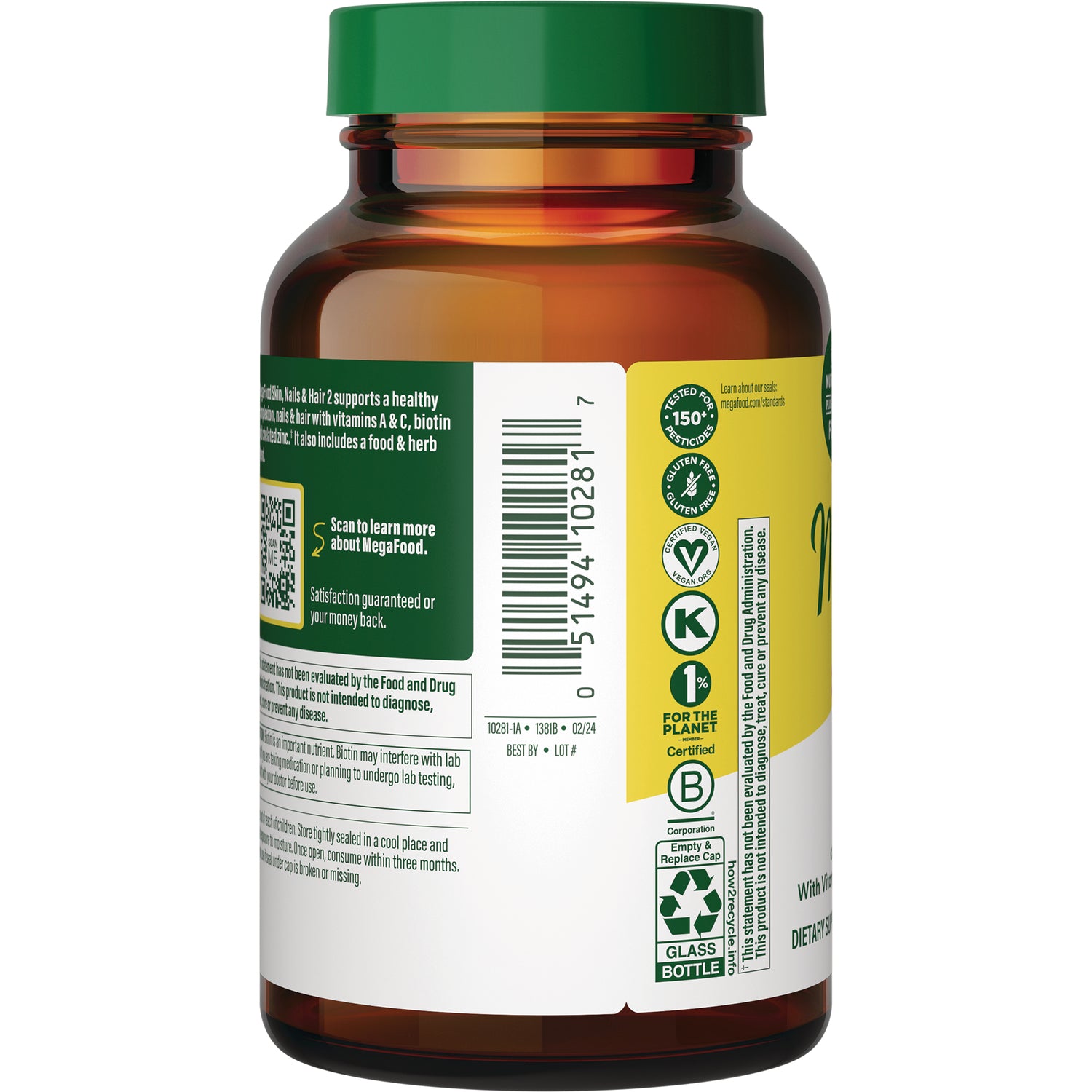 MGF079 | Back of amber supplement bottle showing barcode, certification icons and label text