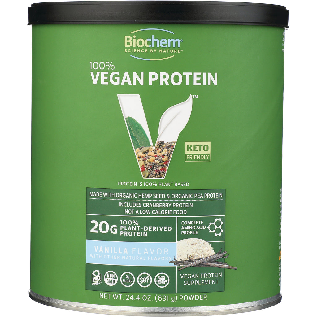 CRL603 | Biochem 100% Vegan Protein vanilla flavor powder canister front label, 20g plant-derived protein, keto friendly - Thumbnail
