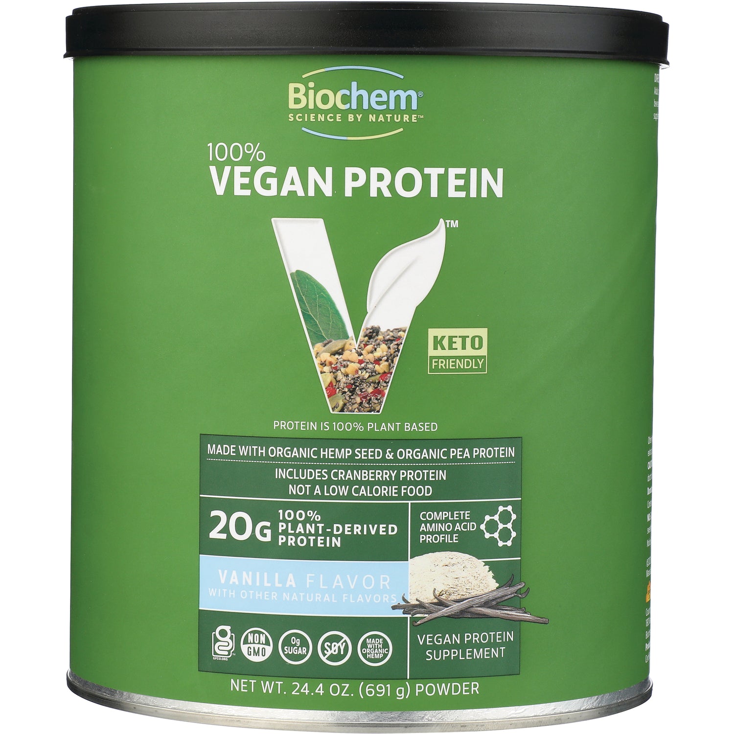 CRL603 | Biochem 100% Vegan Protein vanilla flavor powder canister front label, 20g plant-derived protein, keto friendly