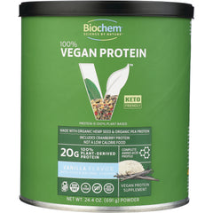 CRL603 | Biochem 100% Vegan Protein vanilla flavor powder canister front label, 20g plant-derived protein, keto friendly