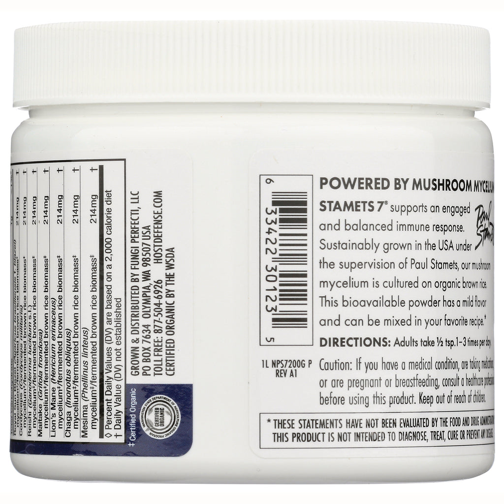 FUN048 | Back label of white supplement jar showing barcode, supplement facts panel and directions, Powered by Mushroom Mycelium text - Thumbnail