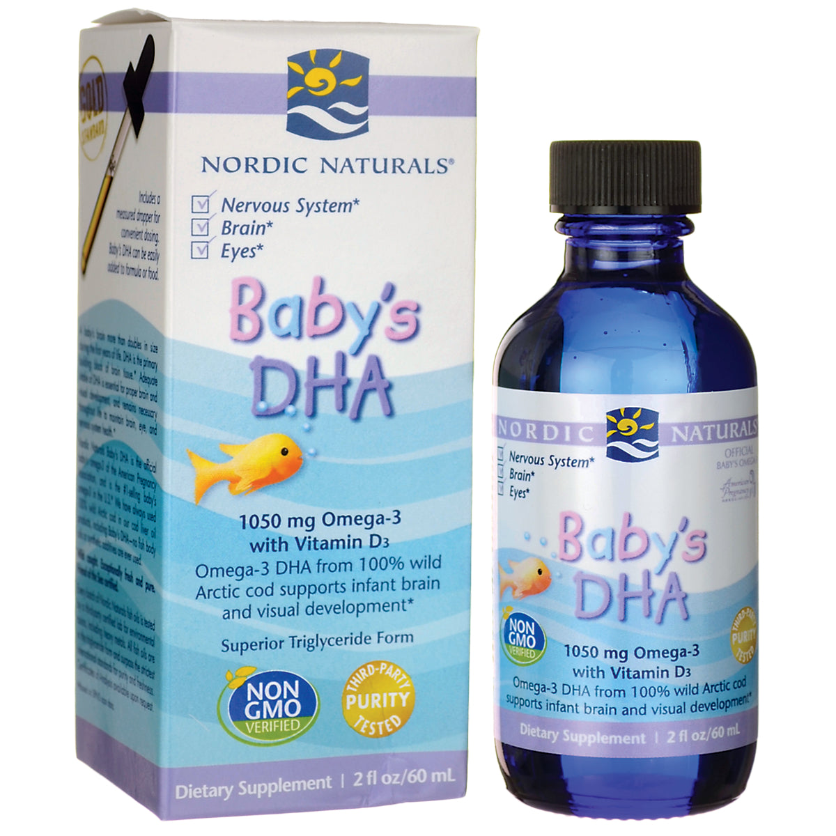 NRN078 | Nordic Naturals Baby's DHA 2 fl oz bottle and box showing 1050 mg Omega-3 with Vitamin D3