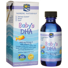 NRN078 | Nordic Naturals Baby's DHA 2 fl oz bottle and box showing 1050 mg Omega-3 with Vitamin D3
