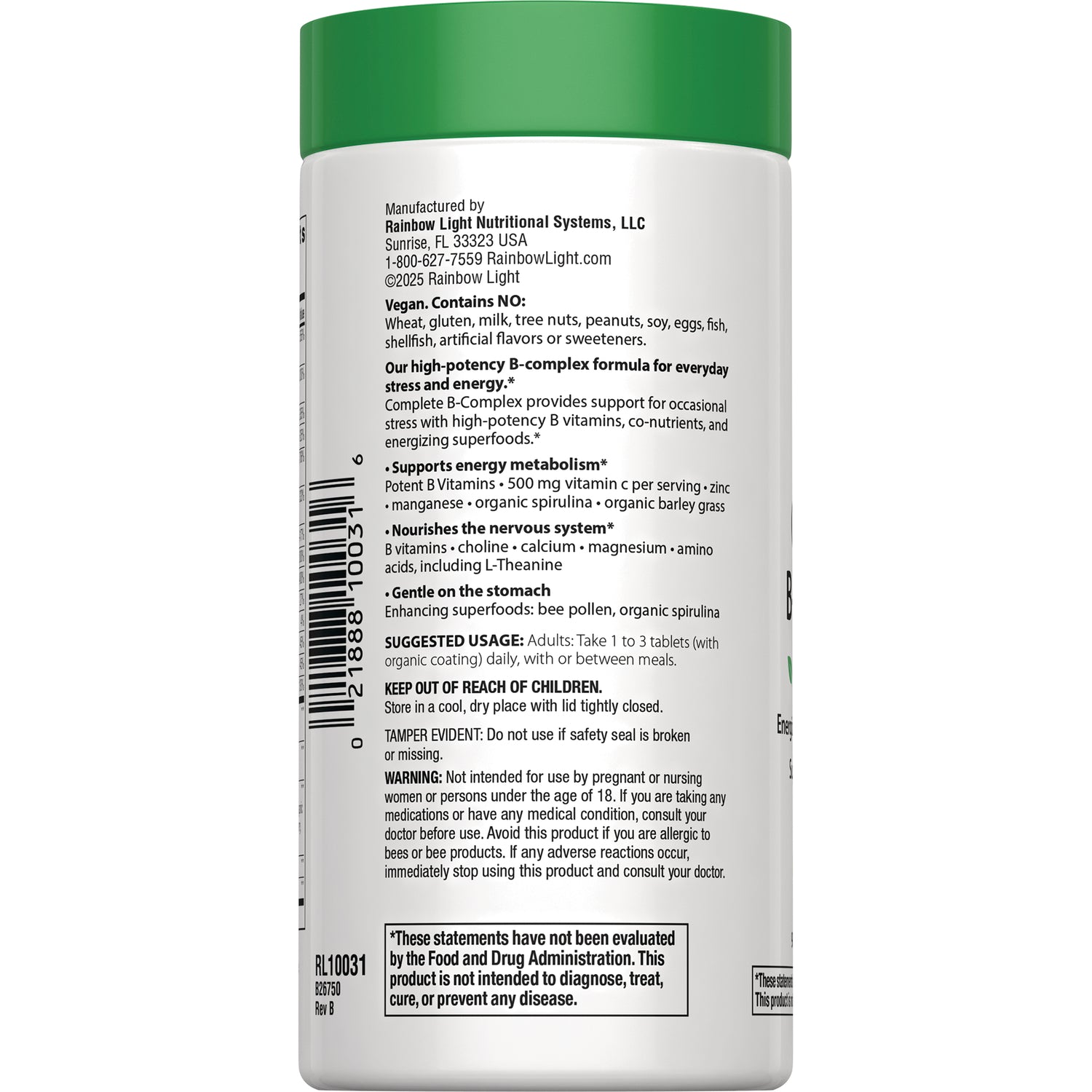 RBL174 | Back label showing manufacturer info, supplement benefits, suggested usage, warnings, and barcode