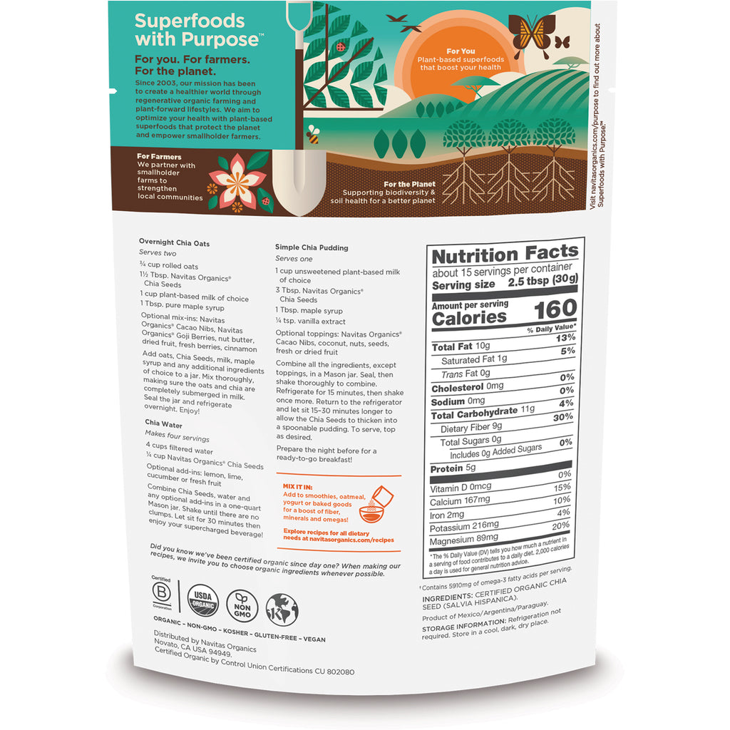 Back of chia seed pouch showing Nutrition Facts panel, serving size 2.5 tbsp (30g), and recipe text - Thumbnail