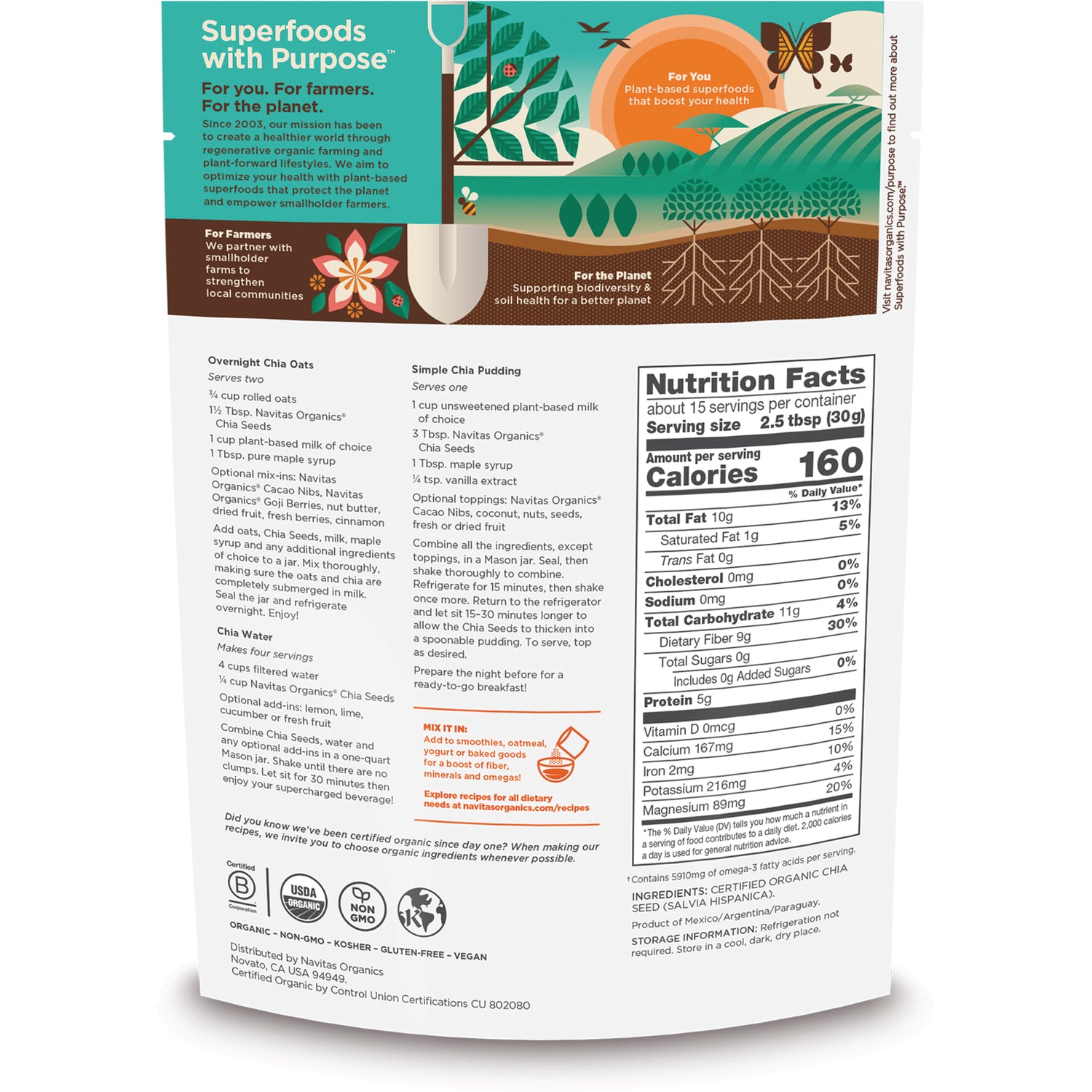 Back of chia seed pouch showing Nutrition Facts panel, serving size 2.5 tbsp (30g), and recipe text