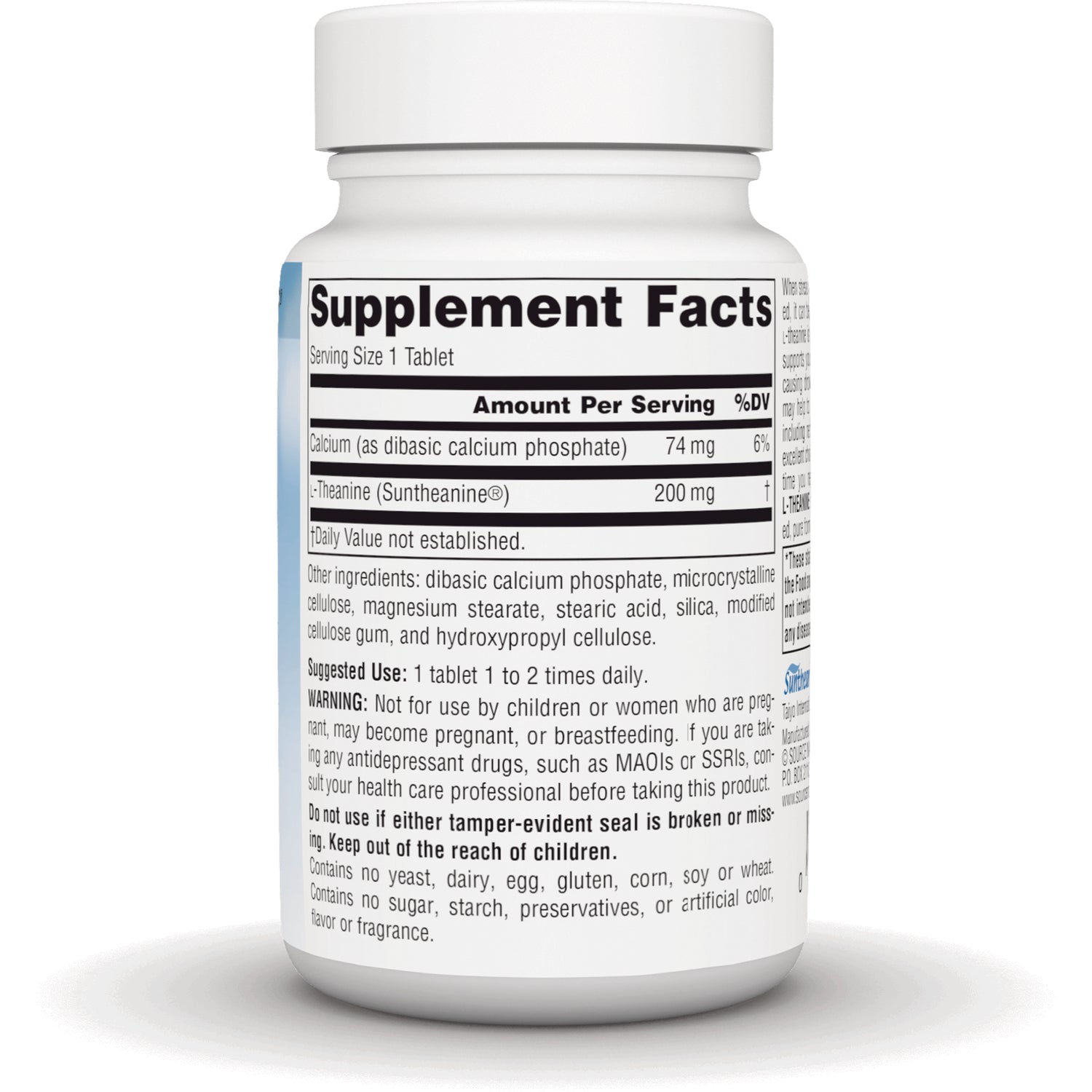 SN118 | Back label showing Supplement Facts panel with serving size, ingredient amounts and warning text on white bottle