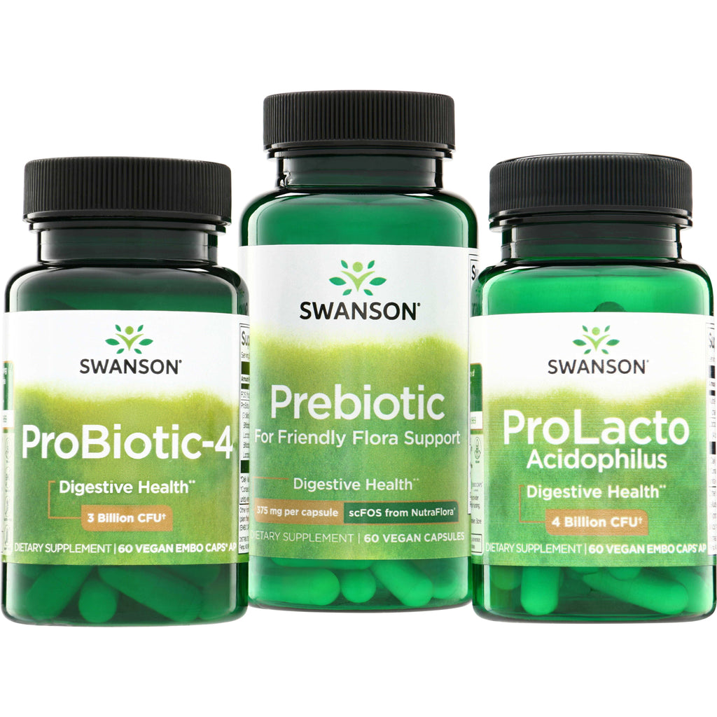 SWA010 | three green Swanson supplement bottles labeled Prebiotic, ProBiotic-4, and ProLacto Acidophilus - Thumbnail